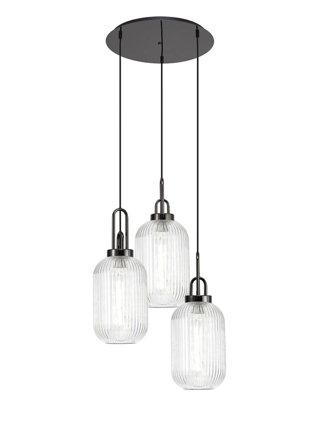 Allardyce Round 3 Light Pendant With 20cm Tubular Ribbed Glass, Black Chrome/Matt Black Clear