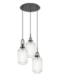 Allardyce Round 3 Light Pendant With 20cm Tubular Ribbed Glass, Black Chrome/Matt Black Clear