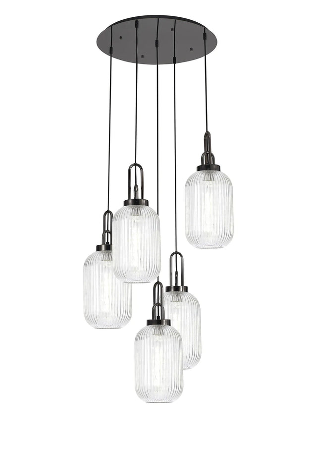 Allardyce Round 5 Light Pendant With 20cm Tubular Ribbed Glass, Black Chrome/Matt Black Clear
