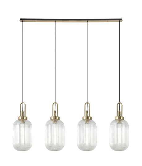 Allardyce Linear 4 Light Pendant With 20cm Tubular Ribbed Glass, Brass Gold/Matt Black Clear