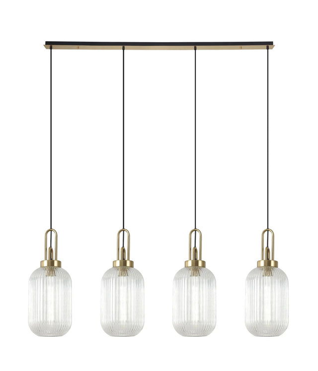 Allardyce Linear 4 Light Pendant With 20cm Tubular Ribbed Glass, Brass Gold/Matt Black Clear