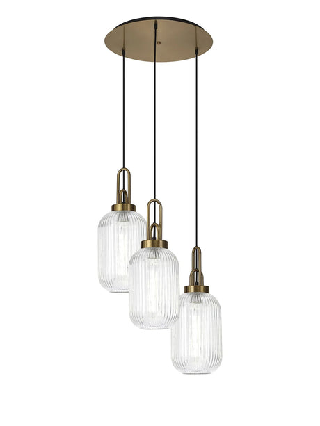 Allardyce Round 3 Light Pendant With 20cm Tubular Ribbed Glass, Brass Gold/Matt Black Clear