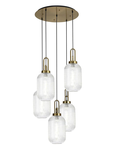 Allardyce Round 5 Light Pendant With 20cm Tubular Ribbed Glass, Brass Gold/Matt Black Clear