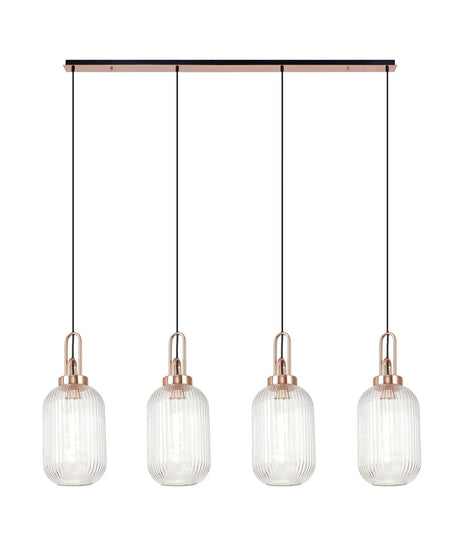 Allardyce Linear 4 Light Pendant With 20cm Tubular Ribbed Glass, Copper/Matt Black Clear