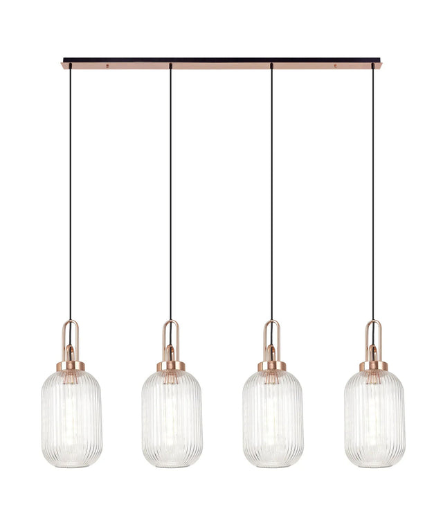 Allardyce Linear 4 Light Pendant With 20cm Tubular Ribbed Glass, Copper/Matt Black Clear