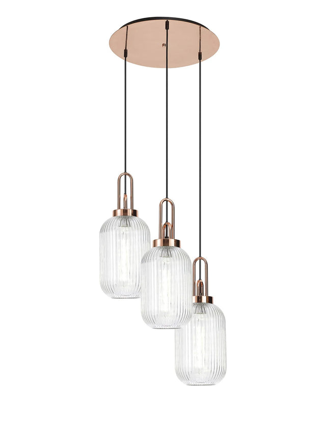 Allardyce Round 3 Light Pendant With 20cm Tubular Ribbed Glass, Copper/Matt Black Clear