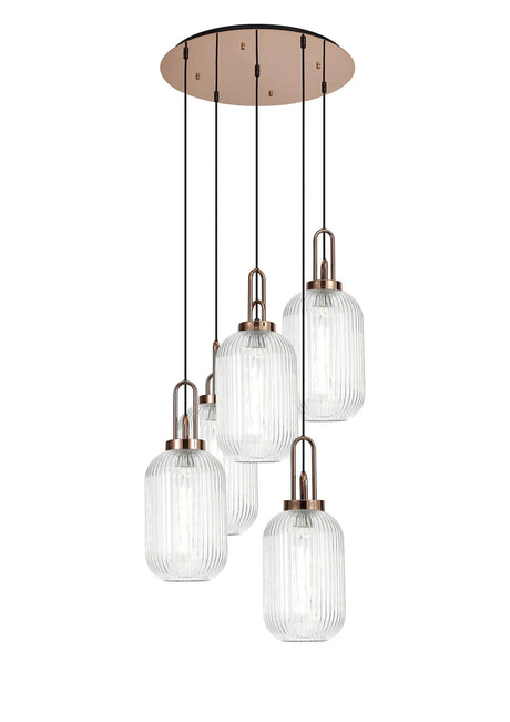 Allardyce Round 5 Light Pendant With 20cm Tubular Ribbed Glass, Copper/Matt Black Clear