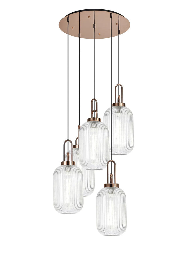 Allardyce Round 5 Light Pendant With 20cm Tubular Ribbed Glass, Copper/Matt Black Clear