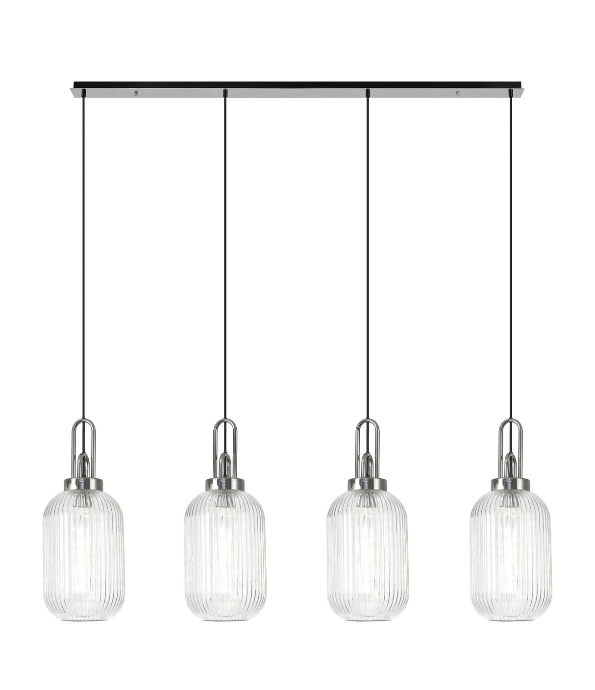 Allardyce Linear 4 Light Pendant With 20cm Tubular Ribbed Glass, Polished Nickel/Matt Black Clear