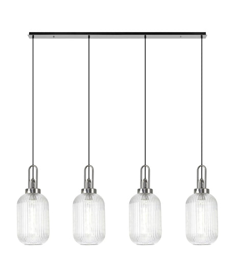 Allardyce Linear 4 Light Pendant With 20cm Tubular Ribbed Glass, Polished Nickel/Matt Black Clear