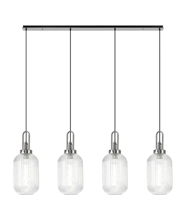Allardyce Linear 4 Light Pendant With 20cm Tubular Ribbed Glass, Polished Nickel/Matt Black Clear
