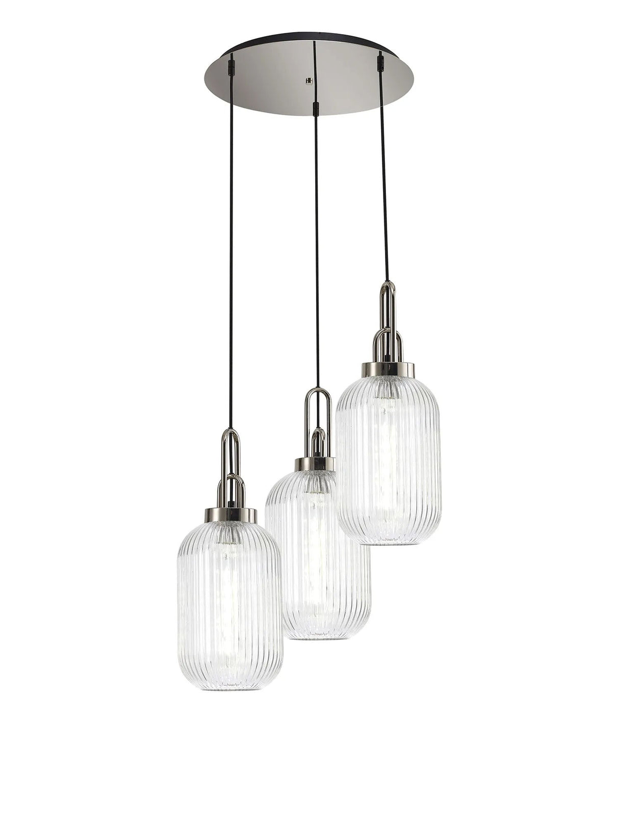 Allardyce Round 3 Light Pendant With 20cm Tubular Ribbed Glass, Polished Nickel/Matt Black Clear