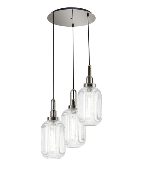 Allardyce Round 3 Light Pendant With 20cm Tubular Ribbed Glass, Polished Nickel/Matt Black Clear