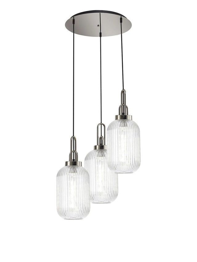 Allardyce Round 3 Light Pendant With 20cm Tubular Ribbed Glass, Polished Nickel/Matt Black Clear