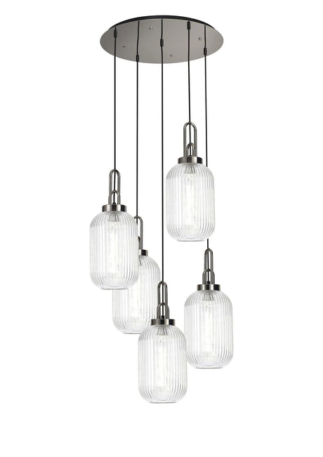 Allardyce Round 5 Light Pendant With 20cm Tubular Ribbed Glass, Polished Nickel/Matt Black Clear
