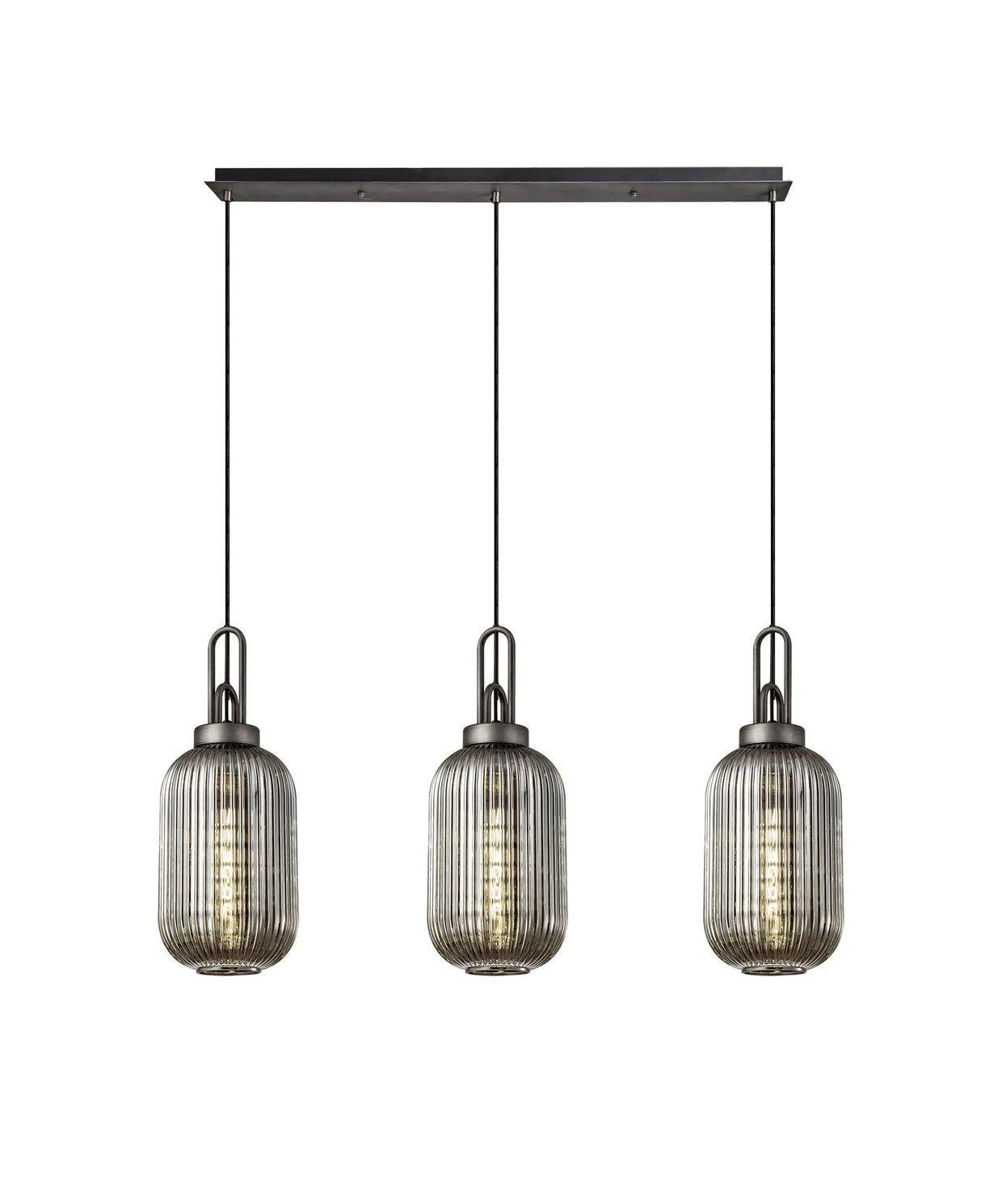 Allardyce Linear 3 Light Pendant With 20cm Tubular Ribbed Glass, Aged Pewter/Matt Black Smoked