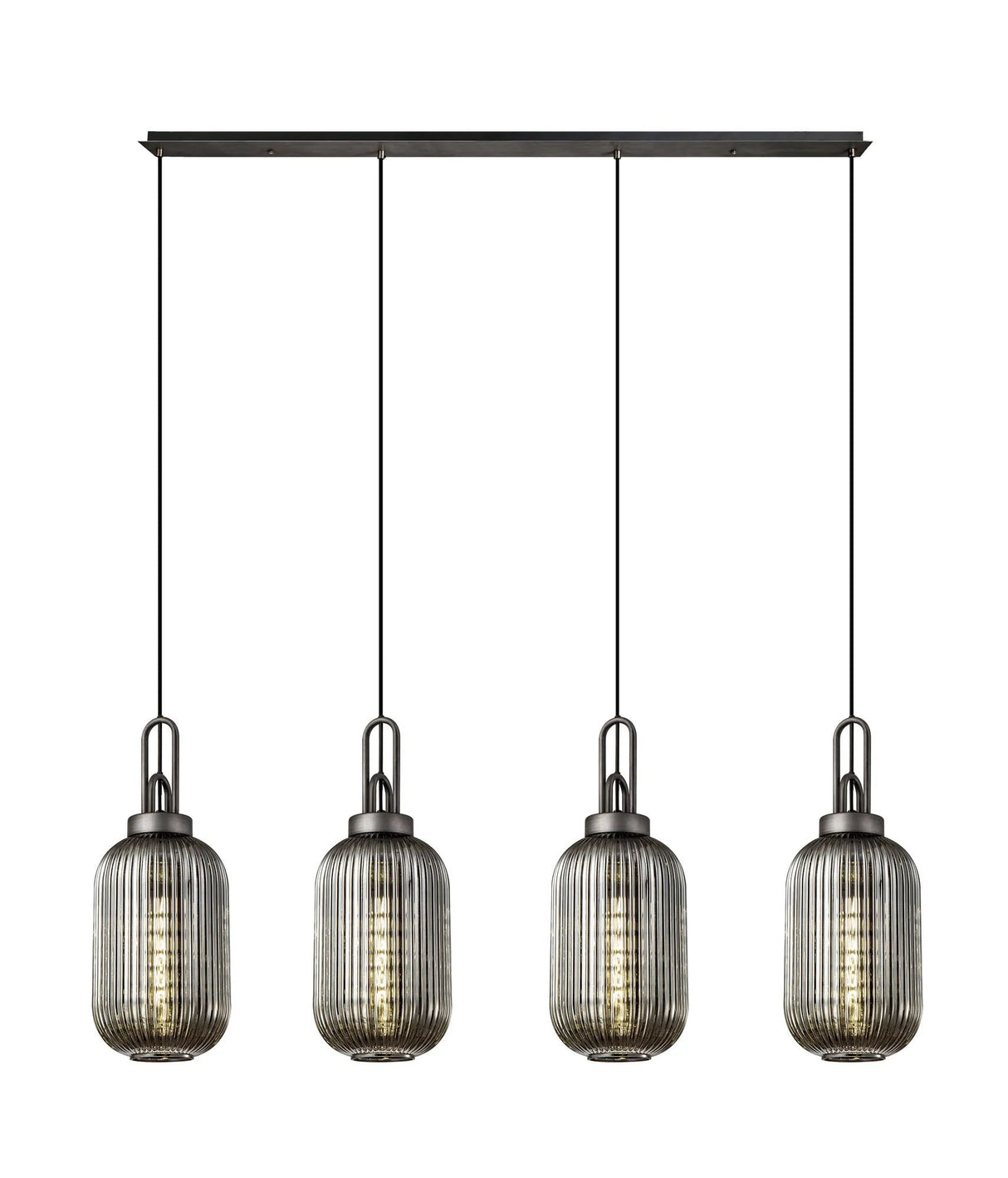 Allardyce Linear 4 Light Pendant With 20cm Tubular Ribbed Glass, Aged Pewter/Matt Black Smoked