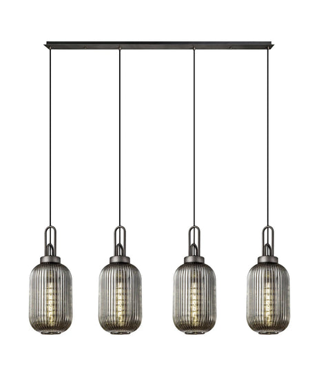 Allardyce Linear 4 Light Pendant With 20cm Tubular Ribbed Glass, Aged Pewter/Matt Black Smoked