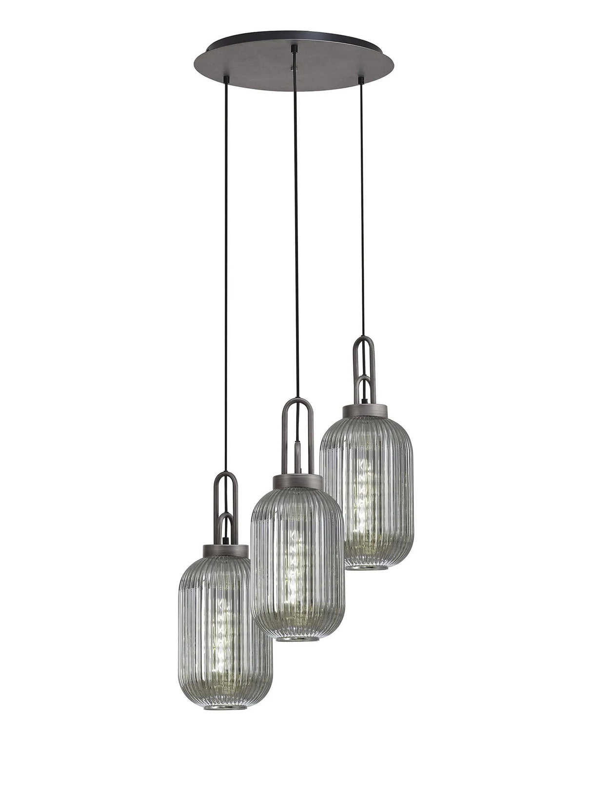 Allardyce Round 3 Light Pendant With 20cm Tubular Ribbed Glass, Aged Pewter/Matt Black Smoked