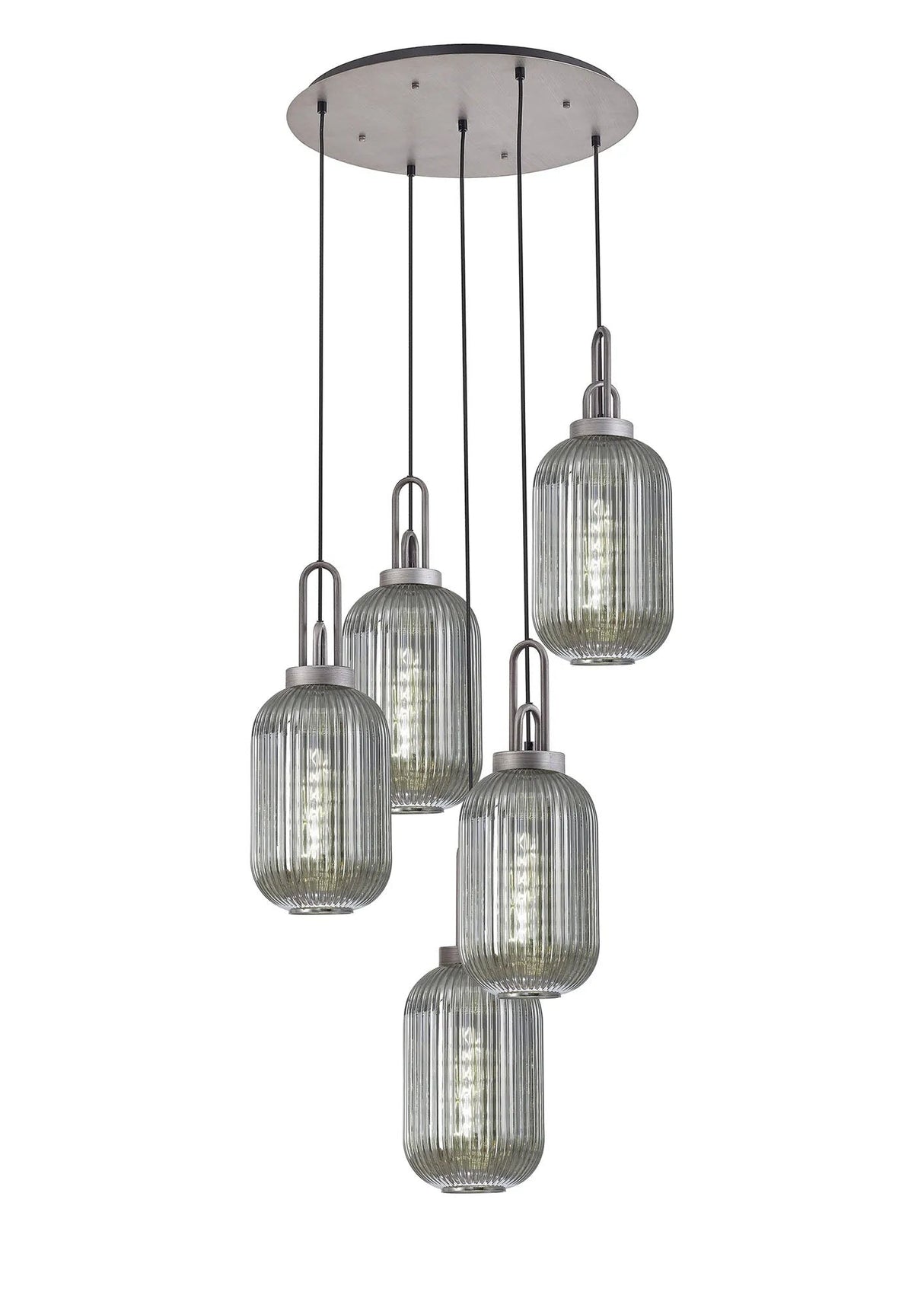 Allardyce Round 5 Light Pendant With 20cm Tubular Ribbed Glass, Aged Pewter/Matt Black Smoked