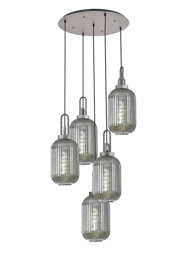 Allardyce Round 5 Light Pendant With 20cm Tubular Ribbed Glass, Aged Pewter/Matt Black Smoked