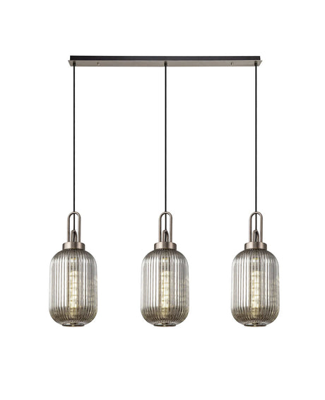 Allardyce Linear 3 Light Pendant With 20cm Tubular Ribbed Glass, Antique Silver/Matt Black Smoked