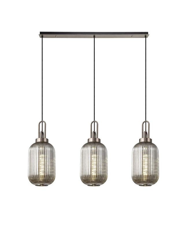 Allardyce Linear 3 Light Pendant With 20cm Tubular Ribbed Glass, Antique Silver/Matt Black Smoked