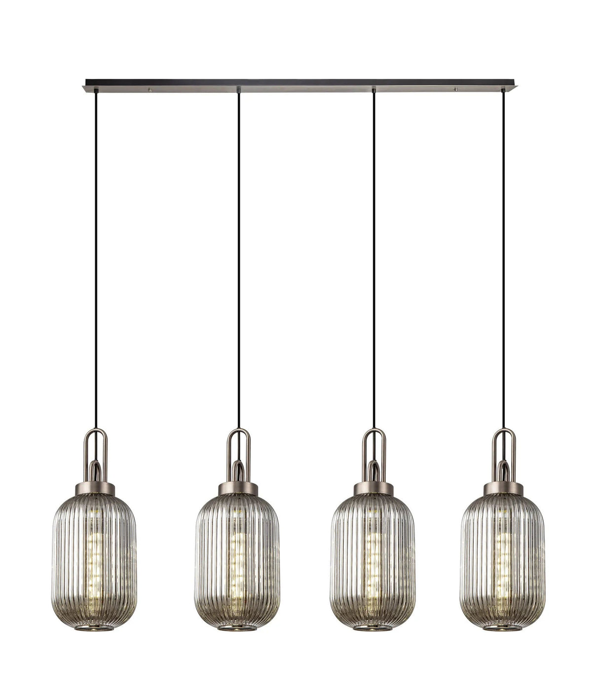 Allardyce Linear 4 Light Pendant With 20cm Tubular Ribbed Glass, Antique Silver/Matt Black Smoked