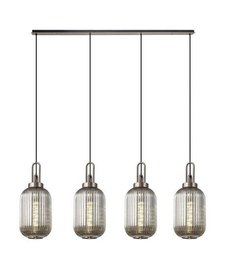 Allardyce Linear 4 Light Pendant With 20cm Tubular Ribbed Glass, Antique Silver/Matt Black Smoked