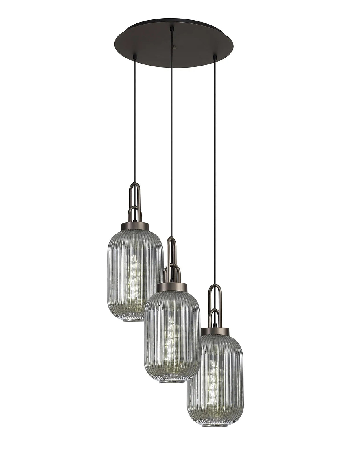 Allardyce Round 3 Light Pendant With 20cm Tubular Ribbed Glass, Antique Silver/Matt Black Smoked