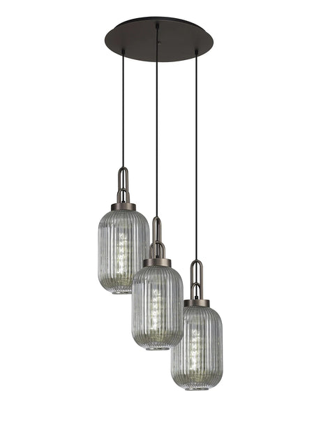 Allardyce Round 3 Light Pendant With 20cm Tubular Ribbed Glass, Antique Silver/Matt Black Smoked