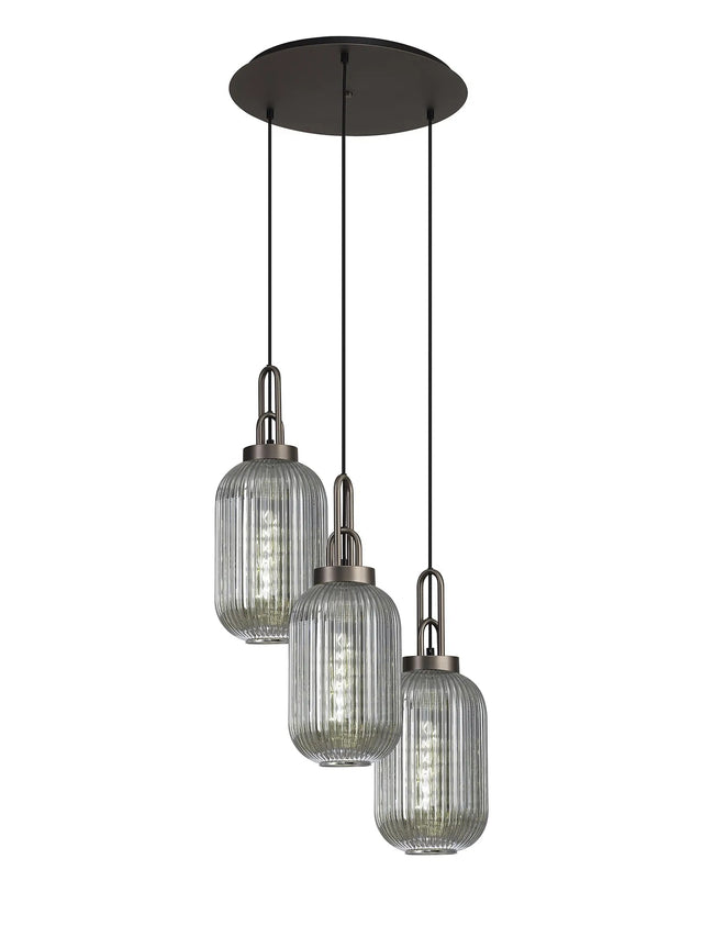 Allardyce Round 3 Light Pendant With 20cm Tubular Ribbed Glass, Antique Silver/Matt Black Smoked