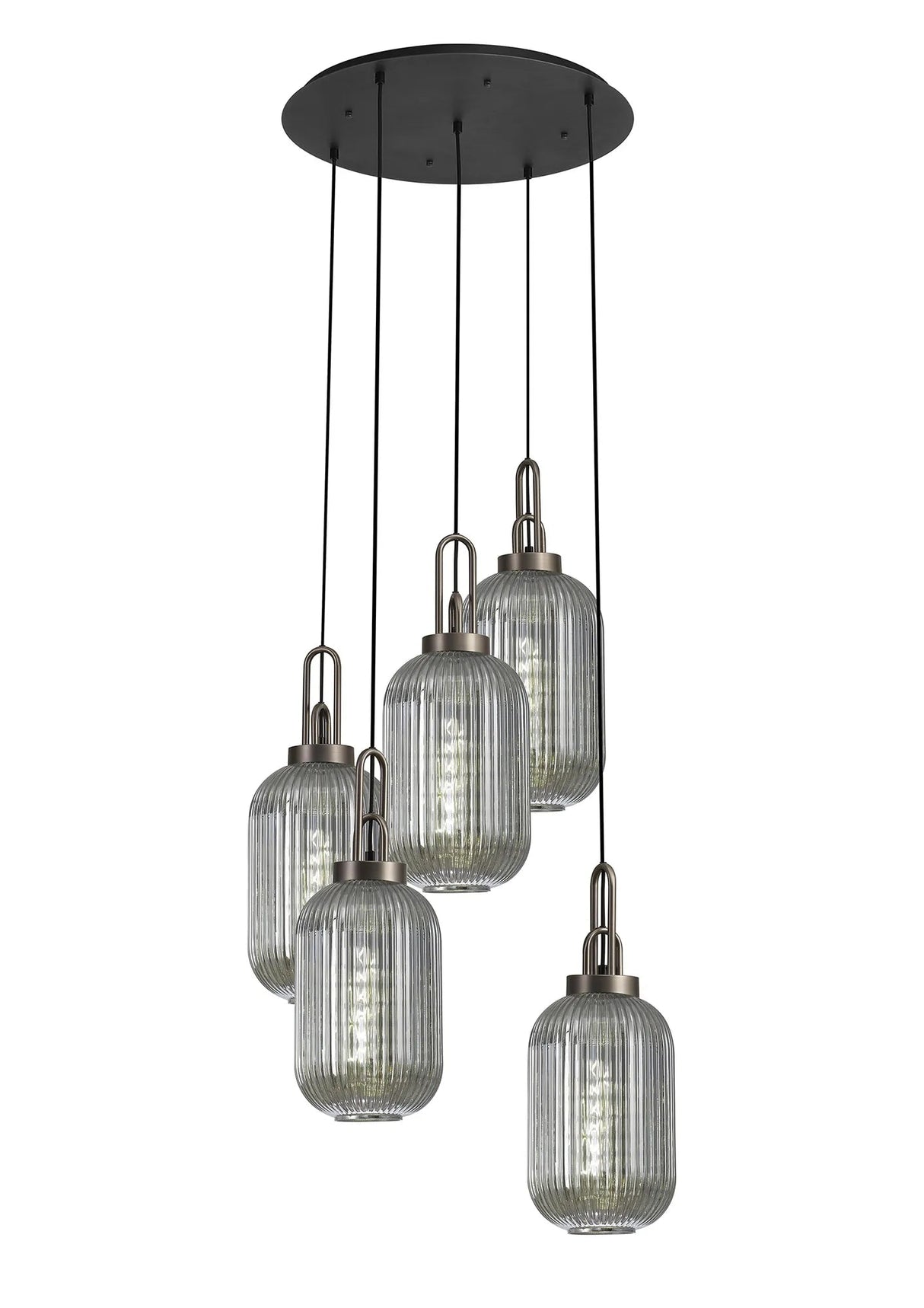 Allardyce Round 5 Light Pendant With 20cm Tubular Ribbed Glass, Antique Silver/Matt Black Smoked