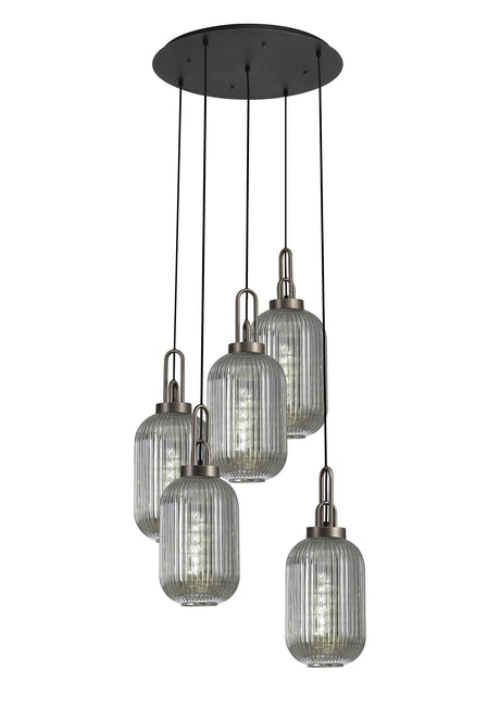 Allardyce Round 5 Light Pendant With 20cm Tubular Ribbed Glass, Antique Silver/Matt Black Smoked