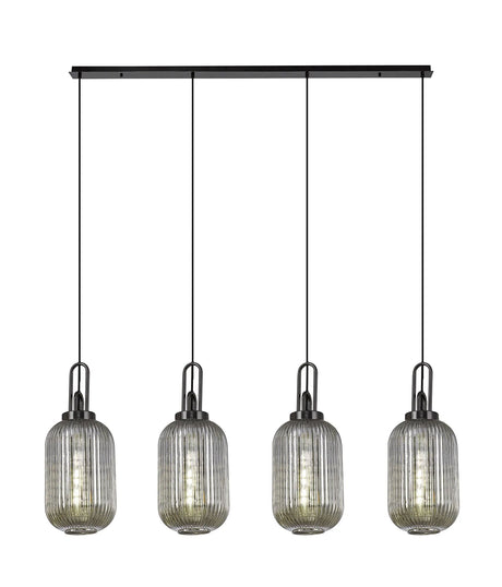 Allardyce Linear 4 Light Pendant With 20cm Tubular Ribbed Glass, Black Chrome/Matt Black Smoked