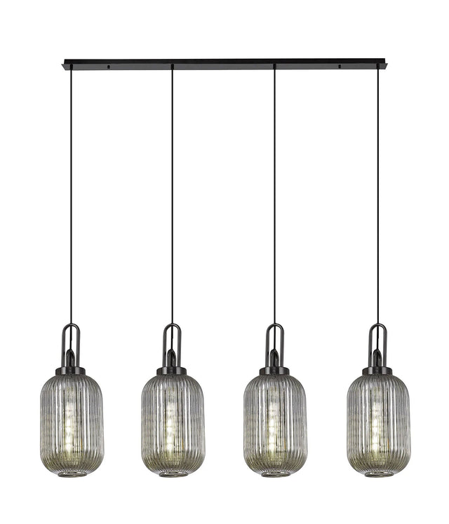 Allardyce Linear 4 Light Pendant With 20cm Tubular Ribbed Glass, Black Chrome/Matt Black Smoked