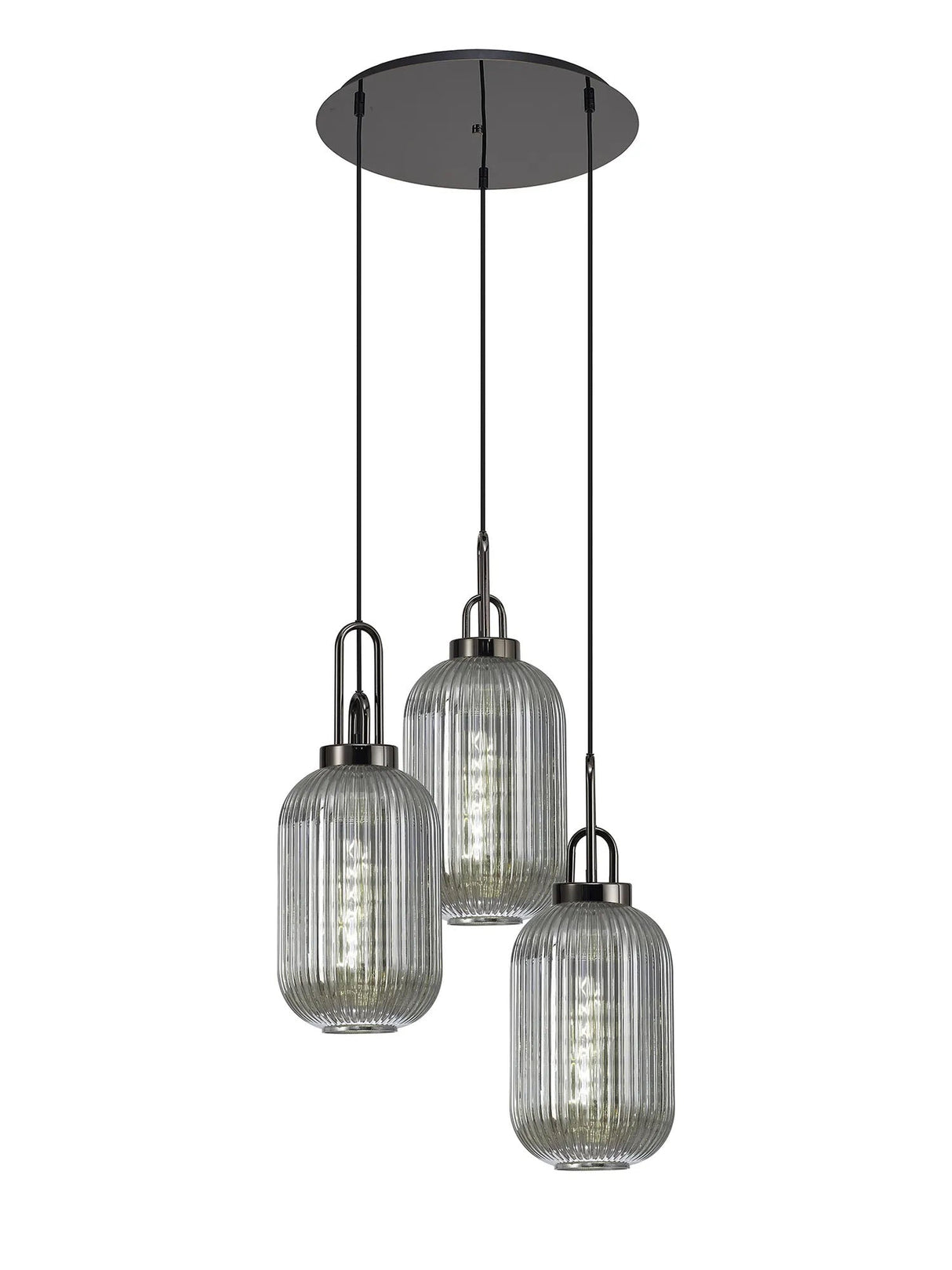 Allardyce Round 3 Light Pendant With 20cm Tubular Ribbed Glass, Black Chrome/Matt Black Smoked