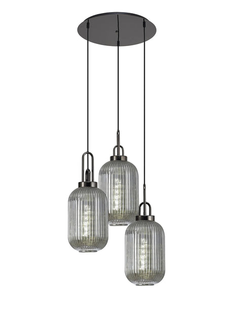 Allardyce Round 3 Light Pendant With 20cm Tubular Ribbed Glass, Black Chrome/Matt Black Smoked
