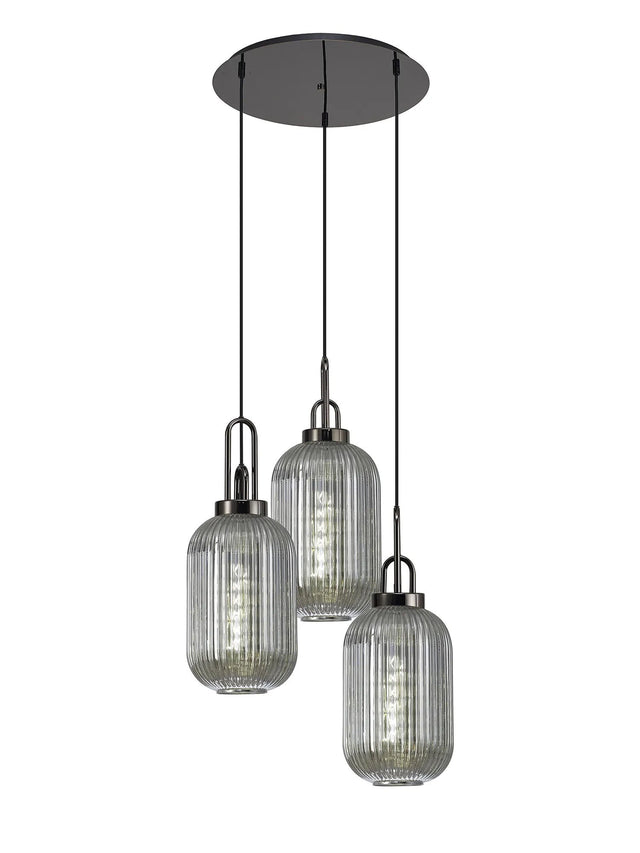 Allardyce Round 3 Light Pendant With 20cm Tubular Ribbed Glass, Black Chrome/Matt Black Smoked