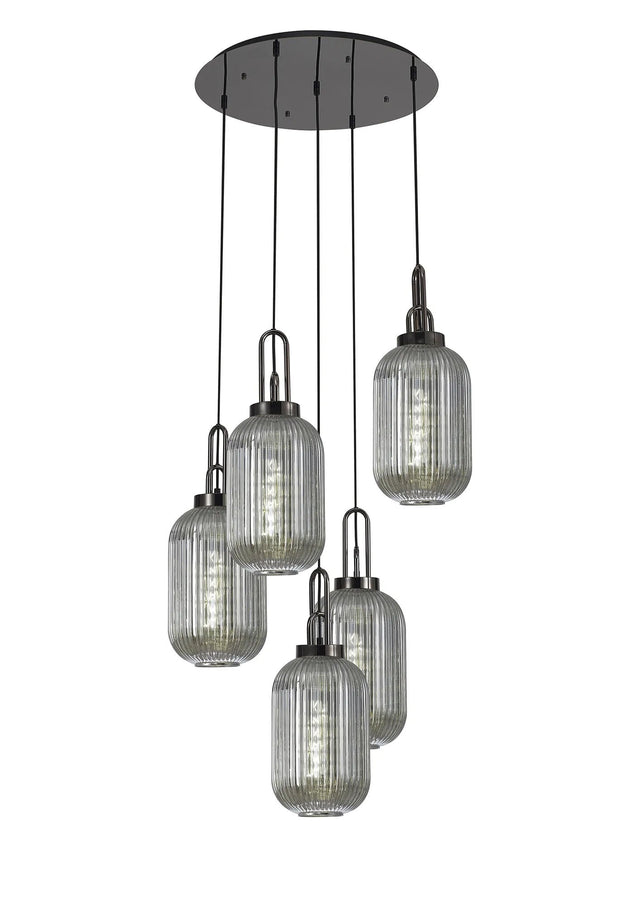 Allardyce Round 5 Light Pendant With 20cm Tubular Ribbed Glass, Black Chrome/Matt Black Smoked
