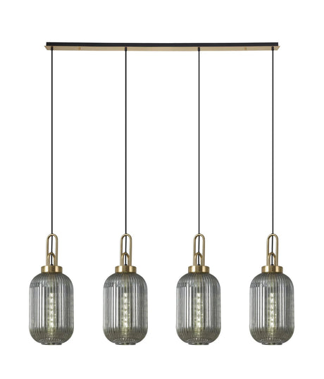 Allardyce Linear 4 Light Pendant With 20cm Tubular Ribbed Glass, Brass Gold/Matt Black Smoked