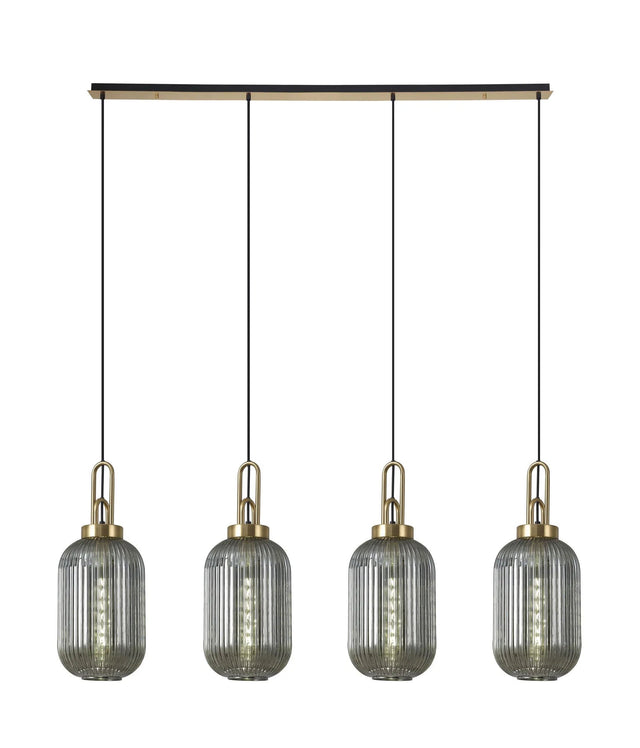 Allardyce Linear 4 Light Pendant With 20cm Tubular Ribbed Glass, Brass Gold/Matt Black Smoked
