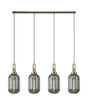 Allardyce Linear 4 Light Pendant With 20cm Tubular Ribbed Glass, Brass Gold/Matt Black Smoked
