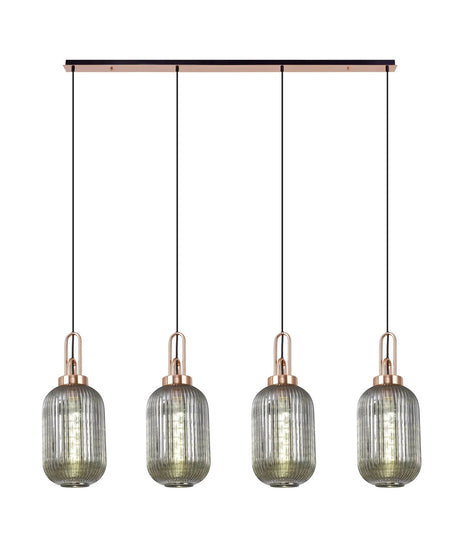Allardyce Linear 4 Light Pendant With 20cm Tubular Ribbed Glass, Copper/Matt Black Smoked