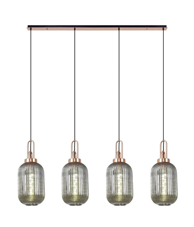 Allardyce Linear 4 Light Pendant With 20cm Tubular Ribbed Glass, Copper/Matt Black Smoked