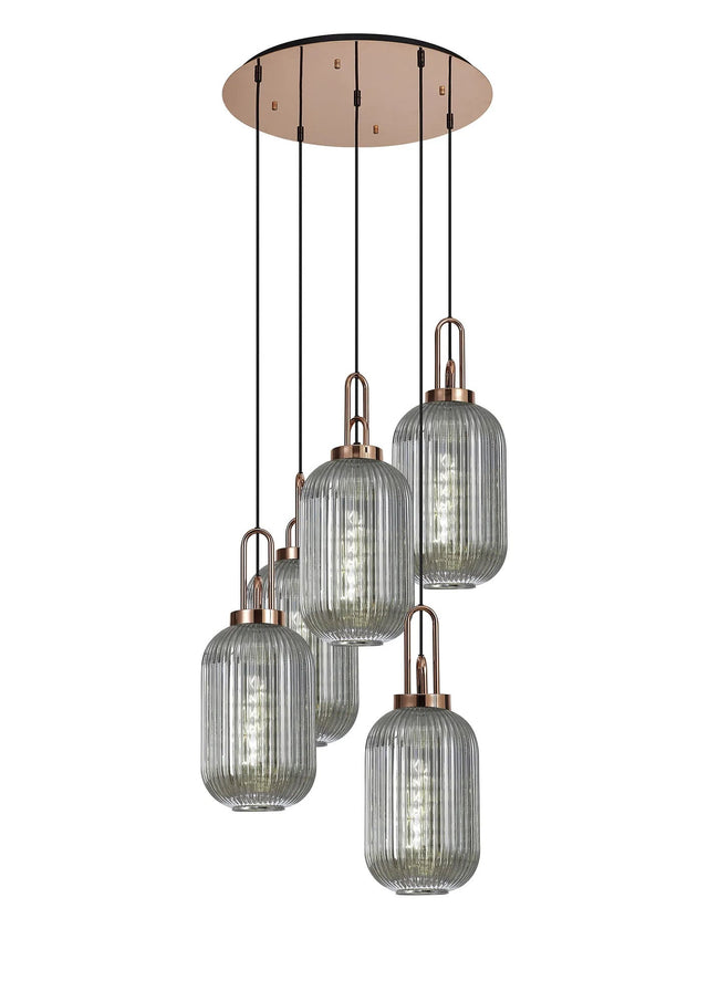 Allardyce Round 5 Light Pendant With 20cm Tubular Ribbed Glass, Copper/Matt Black Smoked