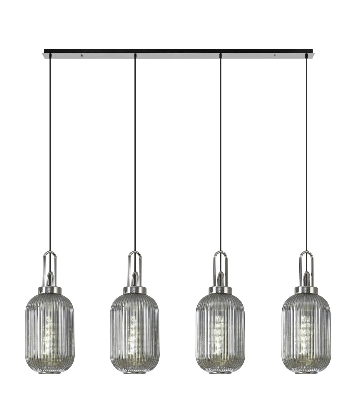 Allardyce Linear 4 Light Pendant With 20cm Tubular Ribbed Glass, Polished Nickel/Matt Black Smoked