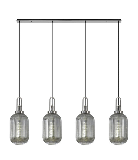 Allardyce Linear 4 Light Pendant With 20cm Tubular Ribbed Glass, Polished Nickel/Matt Black Smoked