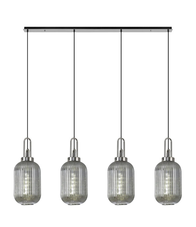 Allardyce Linear 4 Light Pendant With 20cm Tubular Ribbed Glass, Polished Nickel/Matt Black Smoked