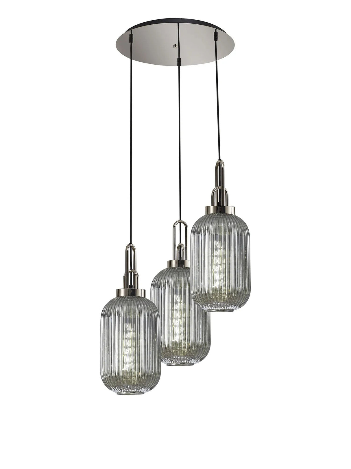 Allardyce Round 3 Light Pendant With 20cm Tubular Ribbed Glass, Polished Nickel/Matt Black Smoked